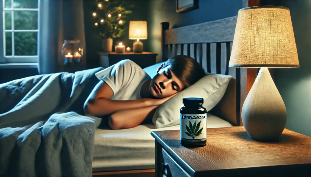 A peaceful bedroom setting at night, featuring a 15-year-old sleeping soundly with a herbal supplement bottle on the bedside table. The calming ambiance represents the potential benefits of Ashwagandha for relaxation and sleep quality.