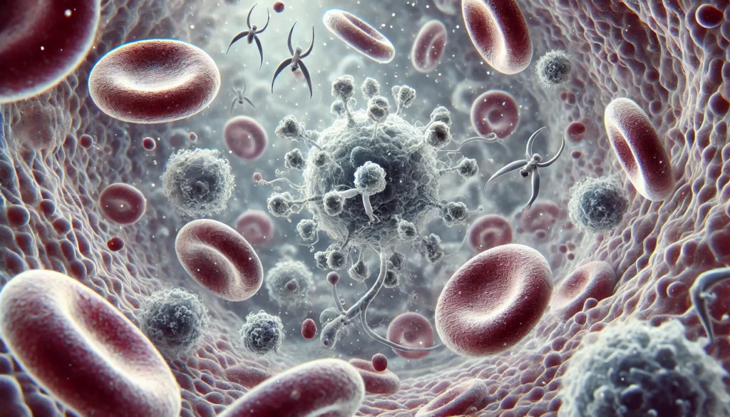 A close-up view of white blood cells fighting off harmful bacteria and viruses.