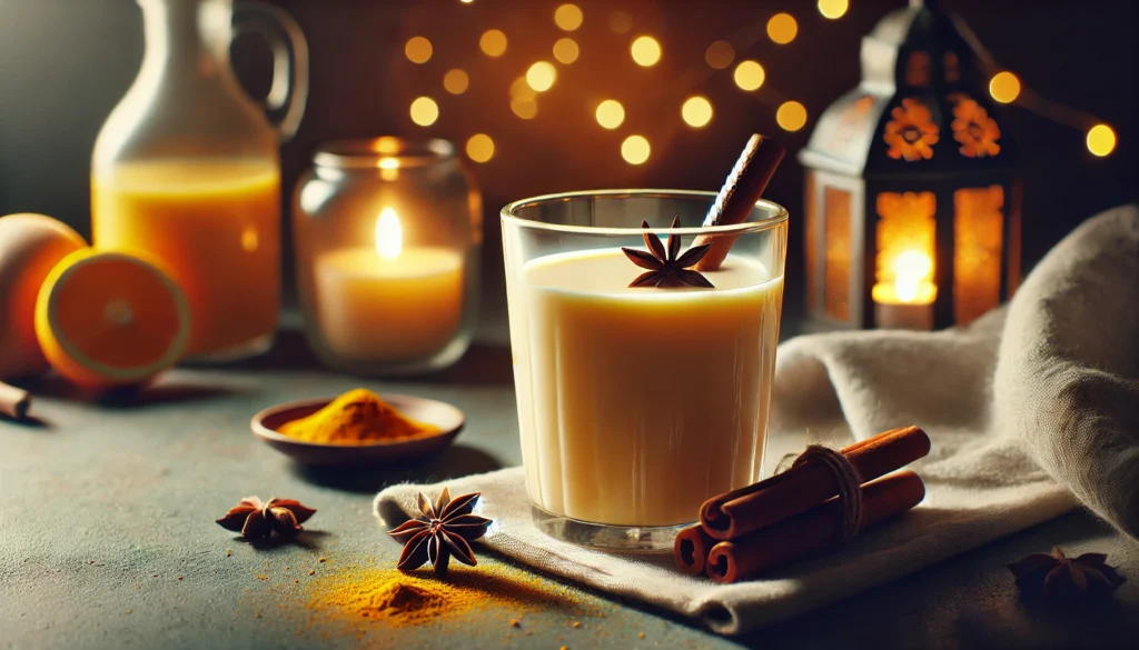 A soothing nighttime drink scene showcasing a warm glass of golden milk with turmeric, cinnamon sticks, and star anise, set against a softly lit background that conveys relaxation and wellness.