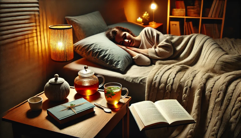  A cozy bedroom with dim lighting, featuring a person sleeping peacefully under a warm blanket, with a cup of herbal tea and a book on a bedside table, representing improved sleep for stress management.

