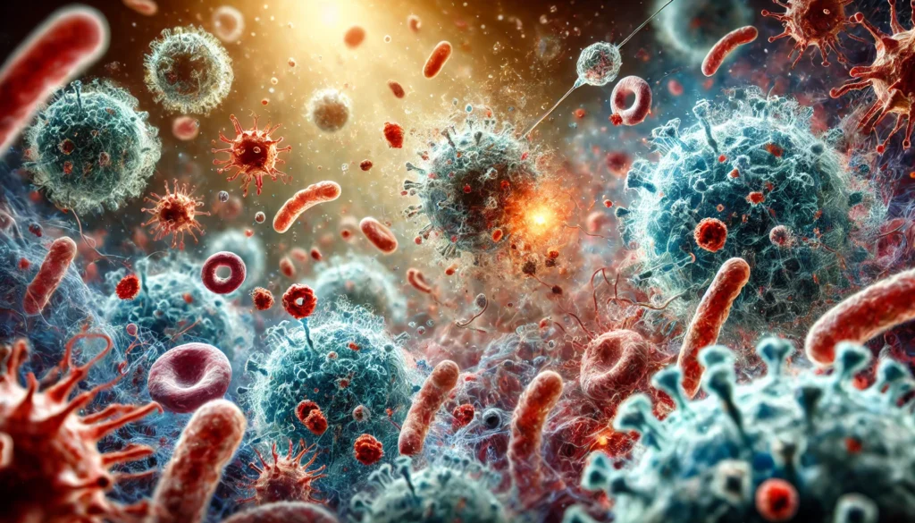 A close-up view of immune cells, such as T-cells and B-cells, attacking a virus.