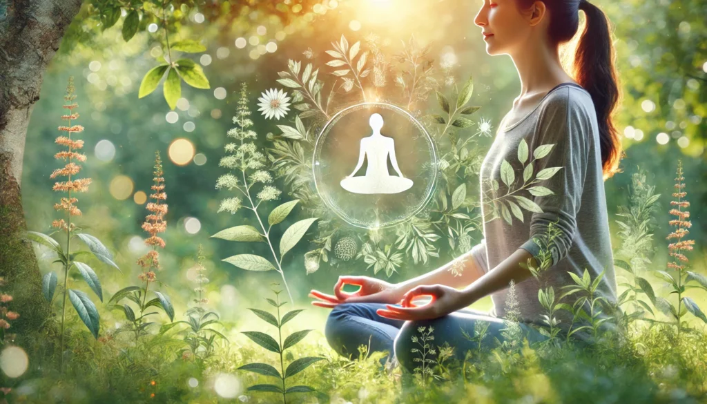 A meditative woman in a peaceful outdoor environment, surrounded by lush greenery and soft sunlight, overlaid with botanical elements representing inner balance and ashwagandha’s hormonal benefits.