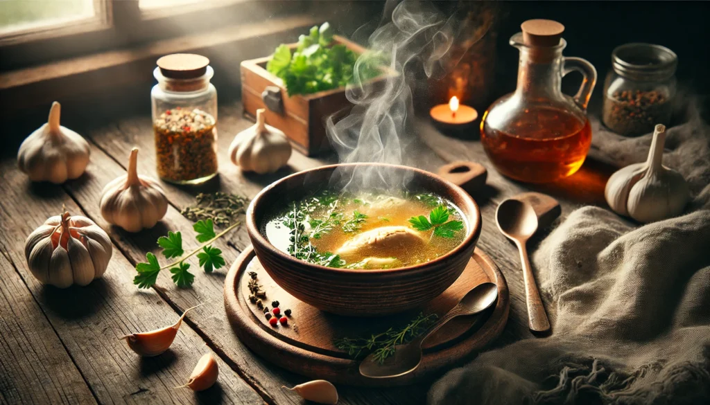 A steaming bowl of hot chicken soup with fresh herbs and garlic, evoking warmth and comfort during illness recovery.