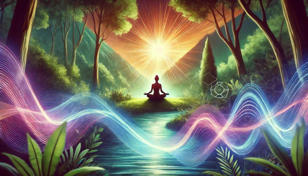 A serene natural setting with a person meditating, encircled by glowing energy waves. The vibrant environment represents a balance between natural energy sources and scientific advancements for stamina and well-being.