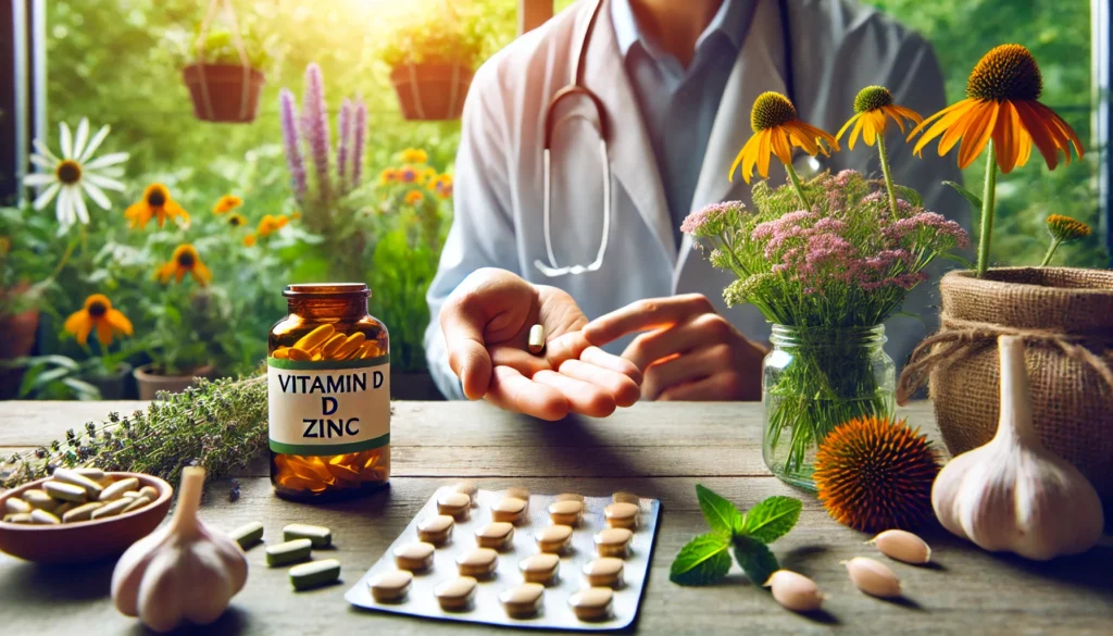 A close-up of a person taking supplements for immune health, such as vitamin D and zinc, with a background of herbal plants like echinacea and garlic.