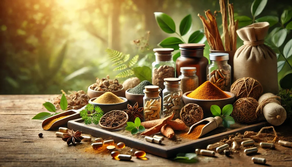 An artistic arrangement of various herbal supplements for energy, including dried roots, powdered extracts, and herbal capsules, displayed on a wooden tray. The background features a calming natural environment with warm earthy tones, fresh green leaves, and a soft natural light ambiance.