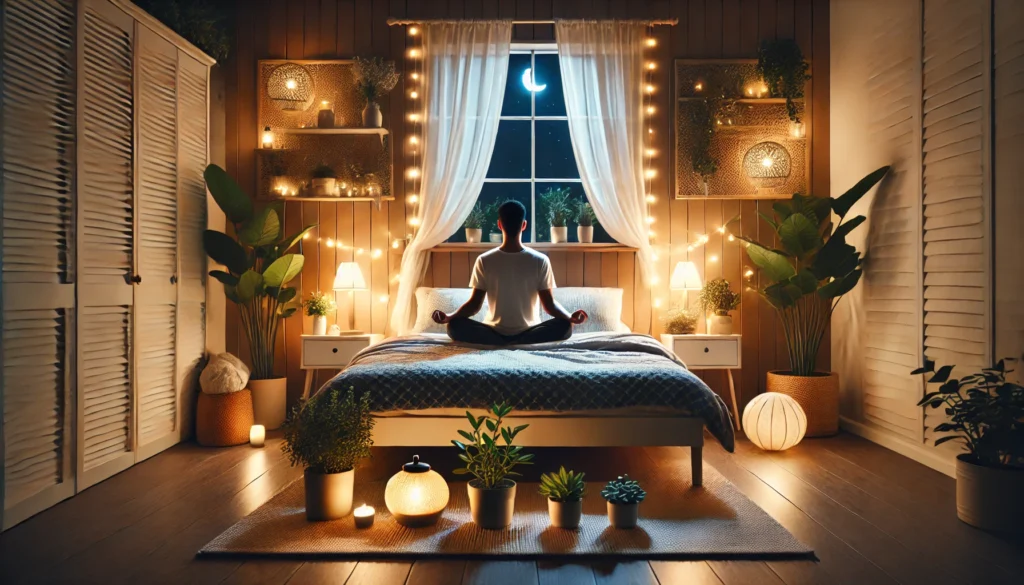 A cozy bedroom at night featuring a person meditating on the bed before sleep, surrounded by soft lighting and natural elements like ashwagandha plants. The atmosphere highlights relaxation and nighttime wellness.