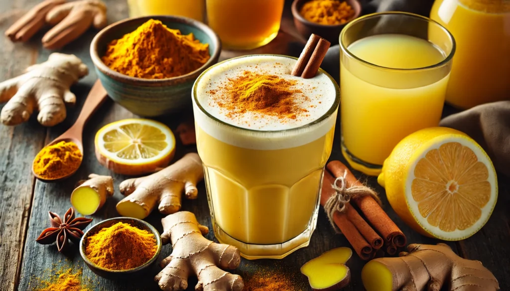 A close-up view of a turmeric golden milk latte, ginger tea, and a glass of citrus juice, surrounded by fresh ginger, turmeric, and lemon slices.