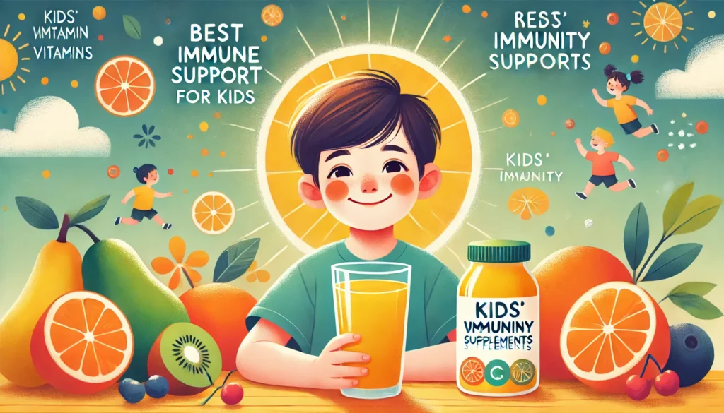 A peaceful and colorful image of a child smiling while drinking a glass of vitamin-rich juice, with a background of vitamin C-rich fruits and kids' vitamin supplements.