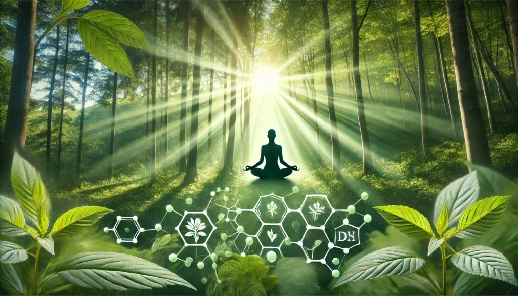 A peaceful wellness scene featuring a person meditating in a lush green forest with soft light filtering through the trees, symbolizing the gradual stress-relieving effects of Ashwagandha on mental well-being.