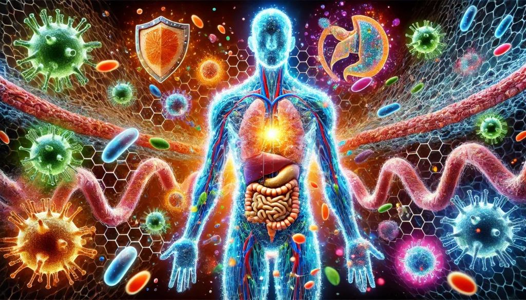 Abstract visual of the body's physical barriers, such as skin and mucous membranes, depicted with glowing elements symbolizing the protection they provide against harmful pathogens."