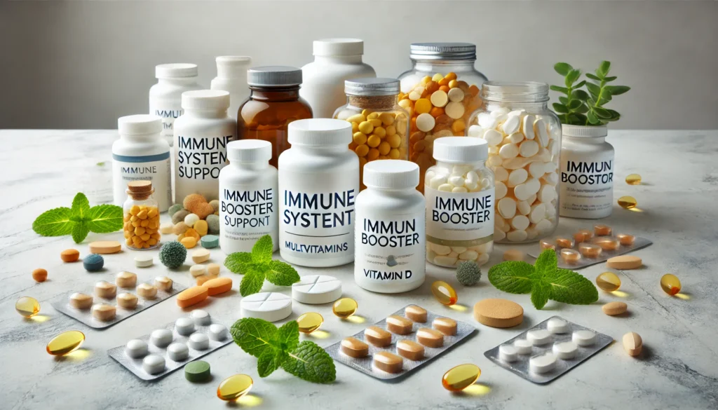 An arrangement of immune system pills, including multivitamins for immune support, immune booster tablets, and vitamin D capsules on a marble countertop with sprigs of fresh mint and green leaves.