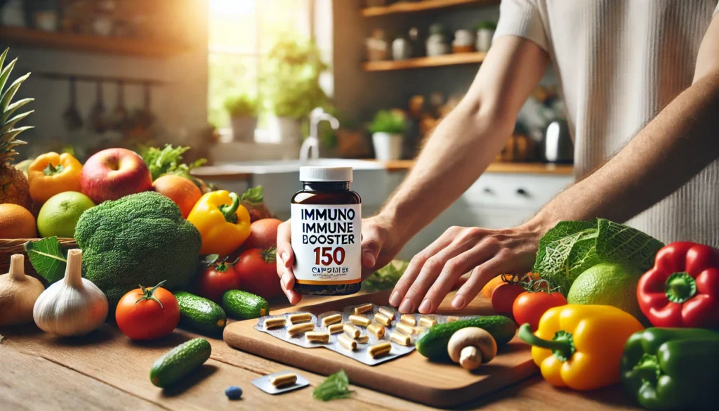 "Close-up of a person holding a bottle of Immuno Immune Booster 150 Capsules in one hand while reaching for fresh fruits and vegetables on a kitchen counter. The image highlights the connection between supplements and a healthy lifestyle."