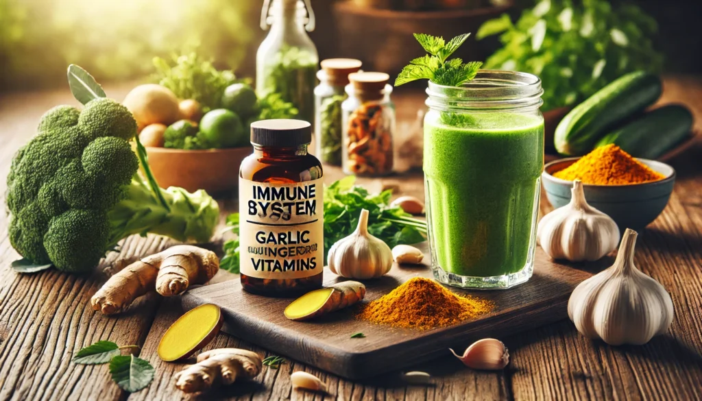 "A close-up view of a wooden table with immune system booster ingredients, such as garlic, ginger, turmeric, and fresh herbs, next to a glass of fresh green smoothie and a bottle of immune support vitamins. The scene is bathed in natural light, highlighting natural methods to boost immunity."