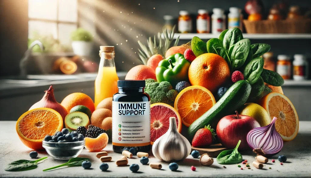 "A close-up of a healthy diet with immune-boosting foods like oranges, berries, spinach, and garlic on a counter. A bottle of immune support vitamins sits nearby, symbolizing the connection between nutrition and immune health."