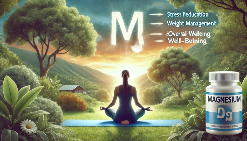 A fit and healthy person practicing yoga in a tranquil outdoor setting surrounded by nature, representing magnesium's role in stress reduction, weight management, and overall well-being.