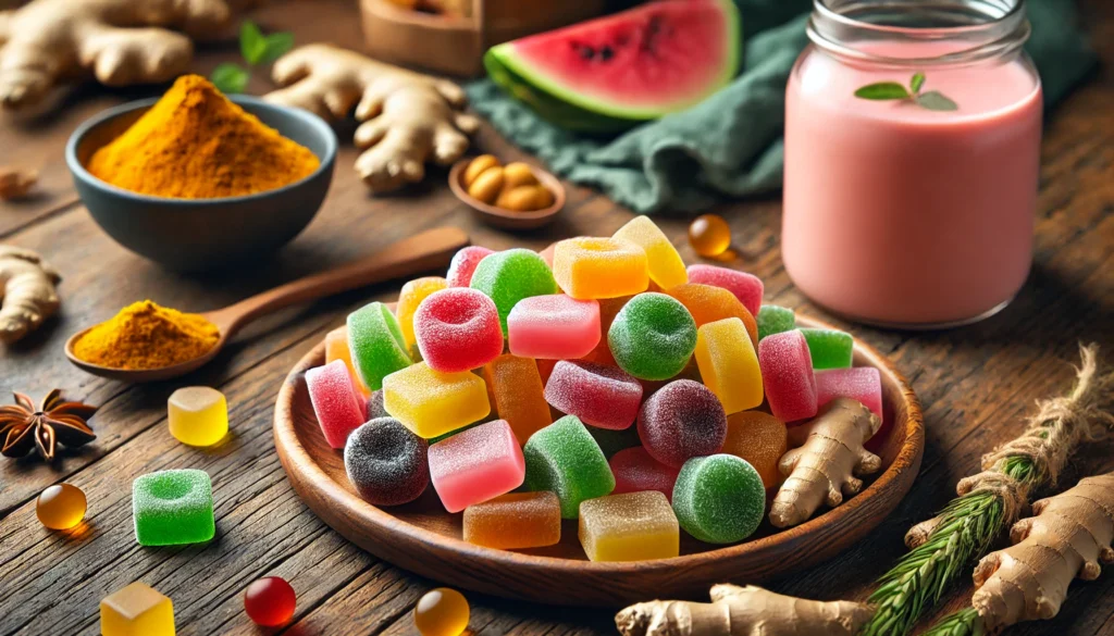 A close-up of colorful immune support gummies with a healthy smoothie in the background.