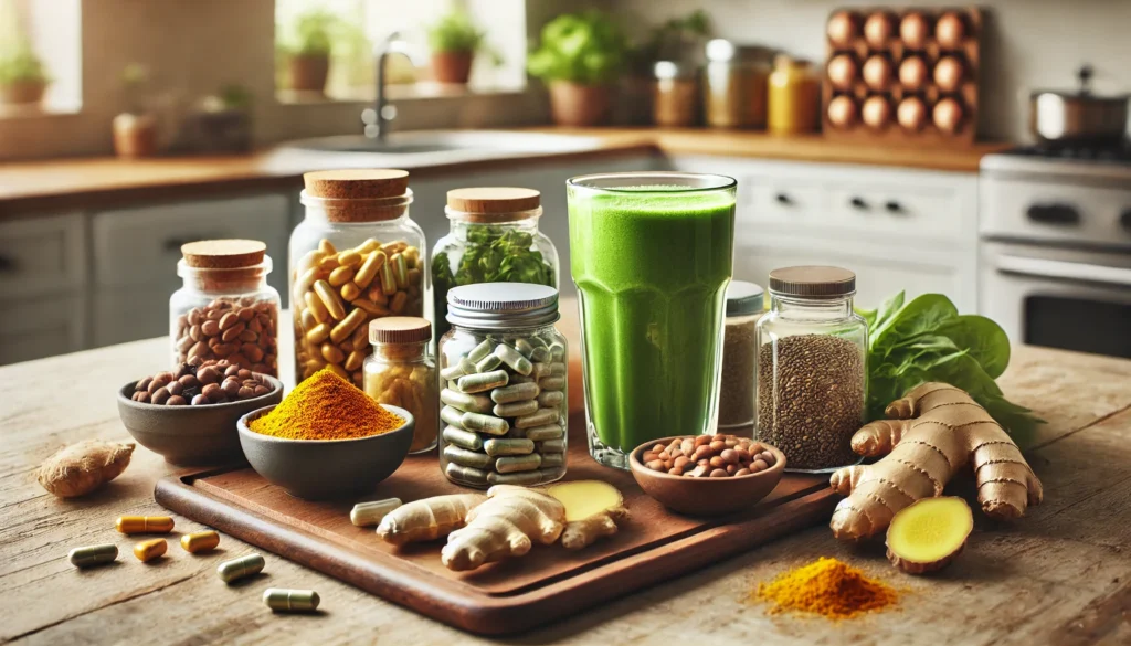 A close-up of natural energy supplements in a modern kitchen setting, featuring capsules, powders, and fresh ingredients like turmeric, ginger, and vitamin-rich nuts, along with a glass of freshly blended green smoothie on a wooden countertop.