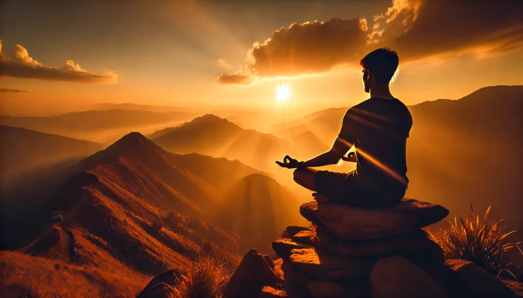 A person practicing deep breathing meditation on a quiet mountaintop at sunset, enveloped by warm, golden light. The scenic view of vast mountains and a clear sky fosters a peaceful, anxiety-relieving atmosphere.