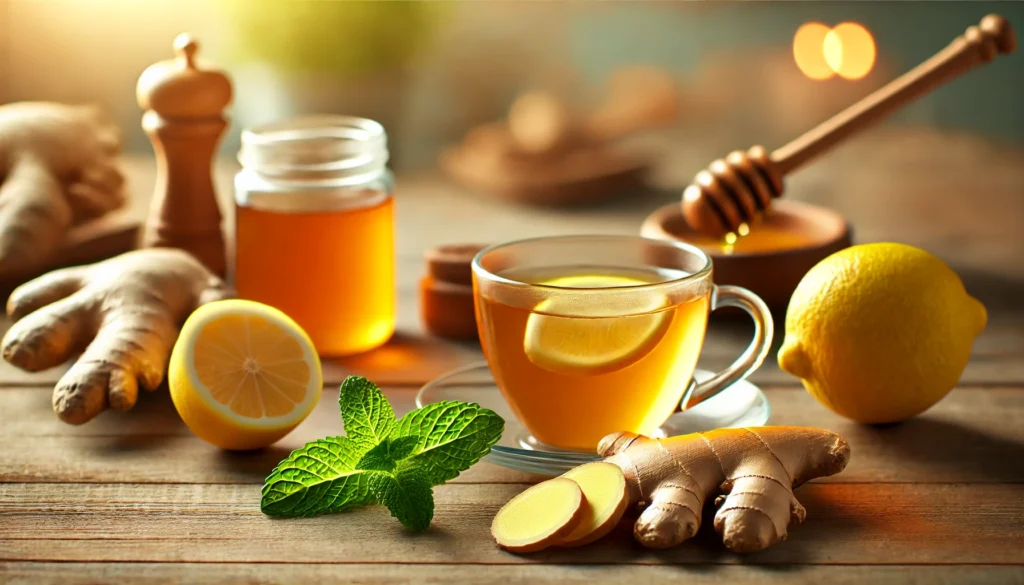 A soothing and calming image of a cup of warm ginger tea with fresh ginger root beside it, surrounded by honey, lemon, and fresh mint leaves on a wooden table, symbolizing natural ways to fight viruses and strengthen immunity.