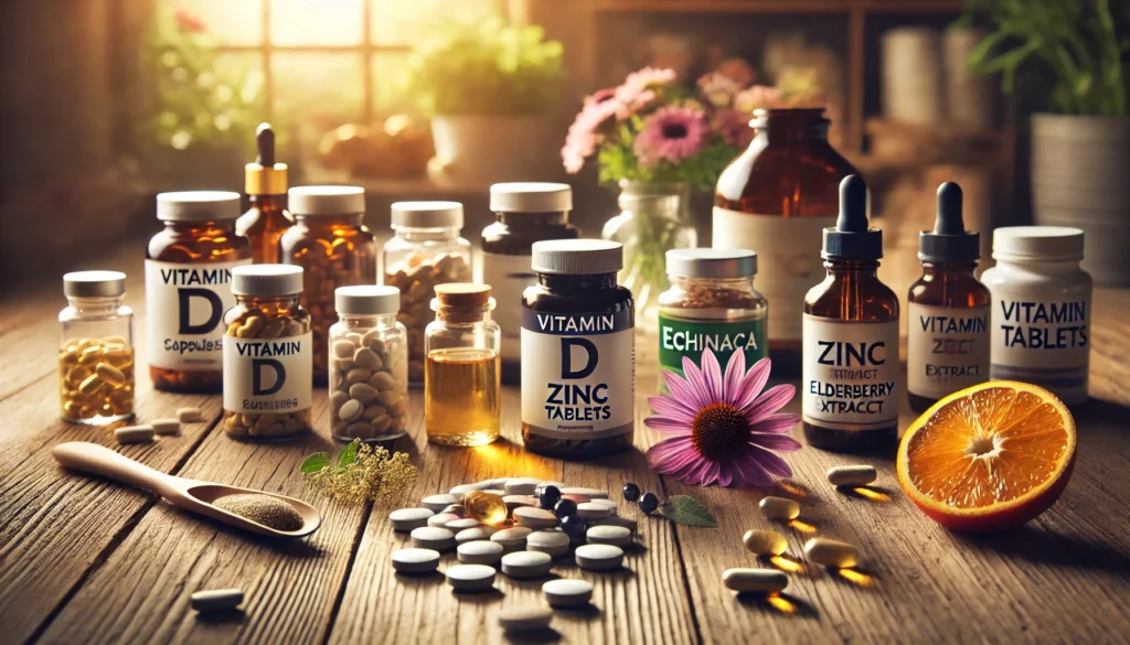  A selection of supplements including vitamin D capsules, zinc tablets, echinacea, and elderberry extract bottles arranged on a wooden table, illuminated by soft, natural light. This image emphasizes the importance of supplements in boosting immune function and lymphocyte production, with a background that conveys vitality.