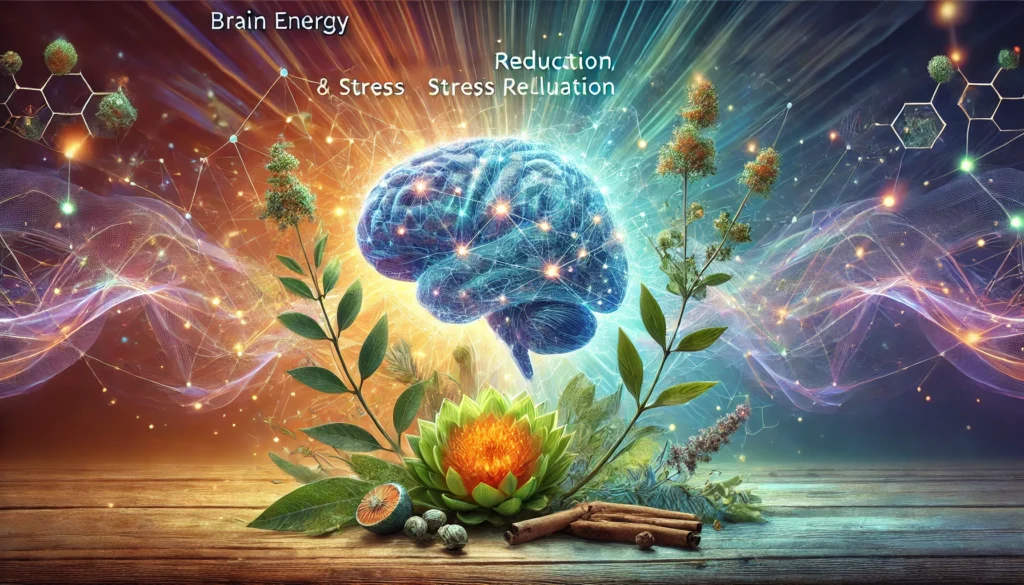 A conceptual visualization of Ashwagandha and Rhodiola’s cognitive benefits, featuring a glowing neural network intertwined with herbal elements. The background radiates balance and vitality, symbolizing stress relief, mental clarity, and enhanced energy.