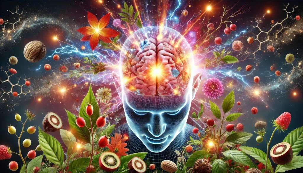 An artistic representation of an illuminated brain surrounded by natural stimulants such as guarana berries, Rhodiola Rosea, and yerba mate leaves, conveying heightened cognitive function and alertness.