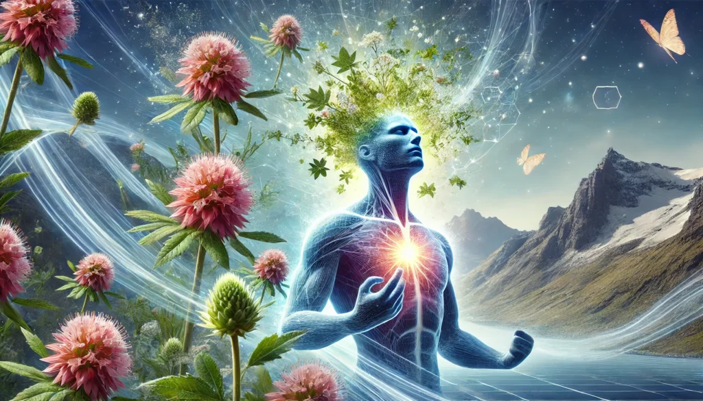 "A person radiating vitality with a glowing aura, surrounded by Rhodiola Rosea plants and mountain air, symbolizing increased energy and reduced fatigue."