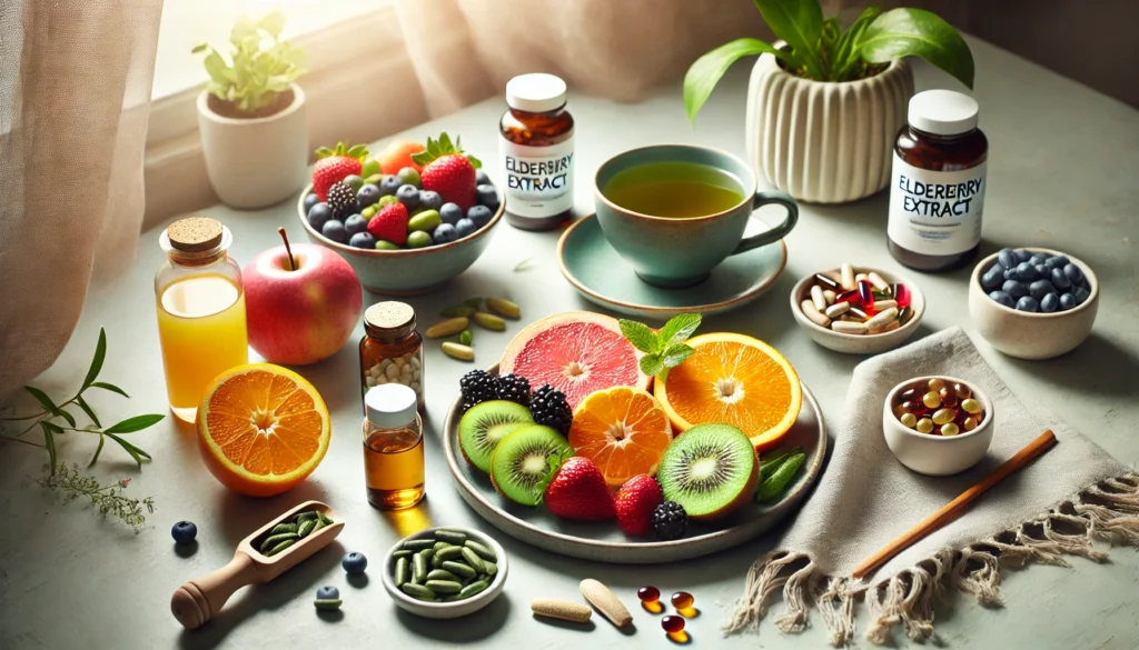 "A wellness-focused flat-lay of a healthy breakfast table featuring a cup of green tea, a plate of vitamin-rich fruits like oranges, strawberries, and kiwi, alongside supplements like elderberry extract, zinc, and vitamin D, with soft natural light creating a peaceful morning routine."