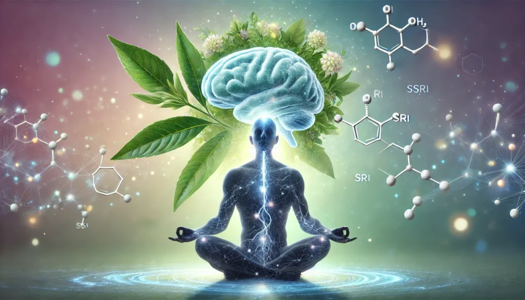 A meditative depiction of a human brain with illuminated neural pathways, surrounded by Ashwagandha leaves and SSRI molecular structures, symbolizing the intersection of herbal medicine and modern antidepressants for mental clarity.