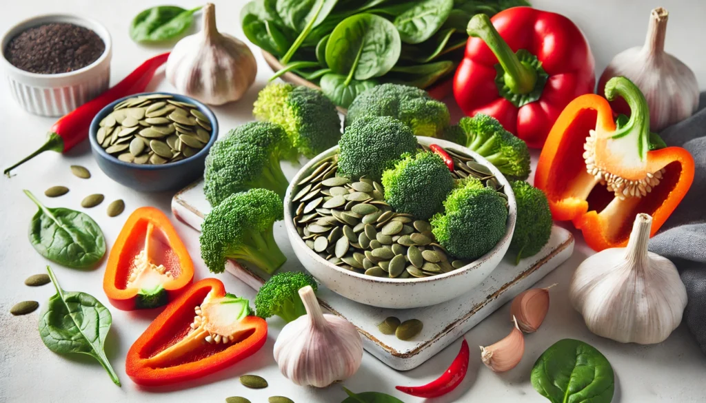 A close-up view of immune-boosting foods on a white surface, featuring a bowl of pumpkin seeds, fresh broccoli, sliced red bell peppers, spinach, and garlic. These foods are rich in nutrients that support healthy white blood cell production and immune function.