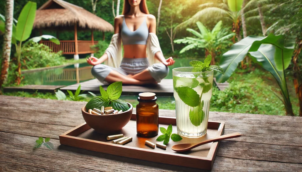 A peaceful outdoor wellness setting where a woman is practicing meditation amidst lush greenery. Nearby, a small wooden tray holds herbal supplements and a glass of infused water, symbolizing relaxation and holistic well-being.