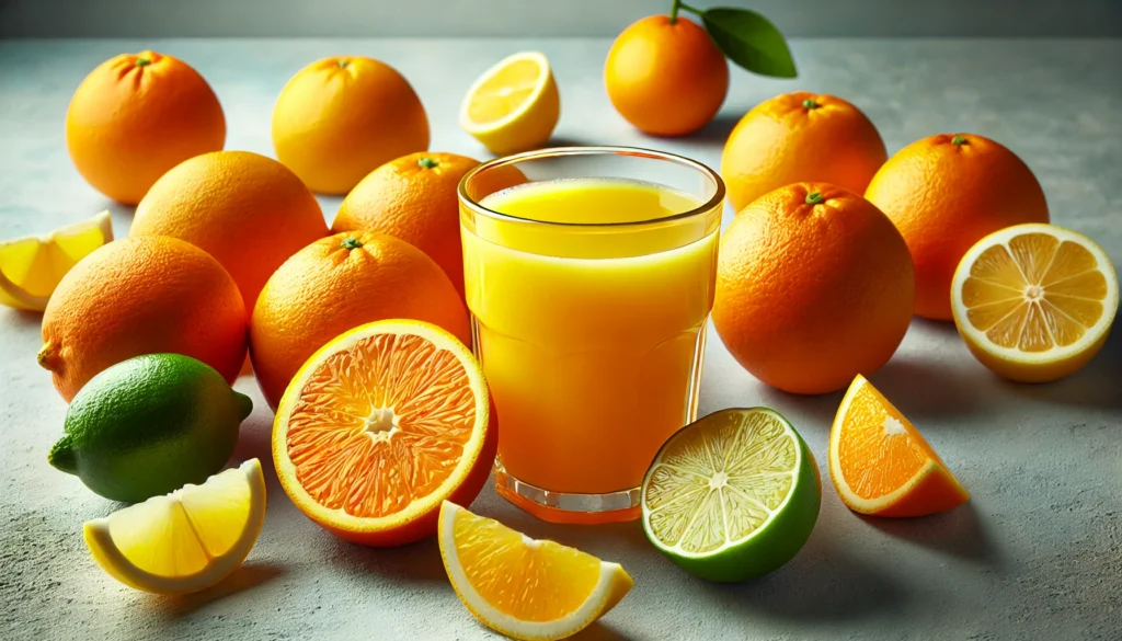 A glass of fresh orange juice next to a pile of whole oranges, with slices of lemon and lime scattered around. This scene highlights the role of citrus fruits in providing vitamin C and supporting immune health, with bright, vibrant colors.