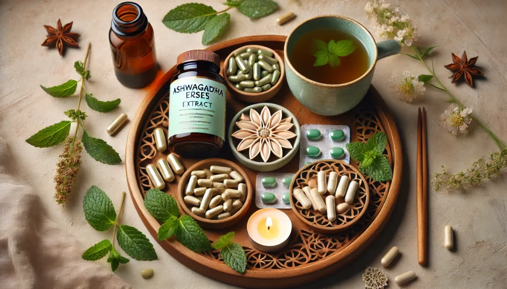  A wellness-focused flat lay of stress relief supplements on an elegant wooden tray, featuring ashwagandha capsules, rhodiola rosea extract, L-theanine tablets, and a calming cup of green tea, surrounded by fresh mint leaves and soft candlelight.