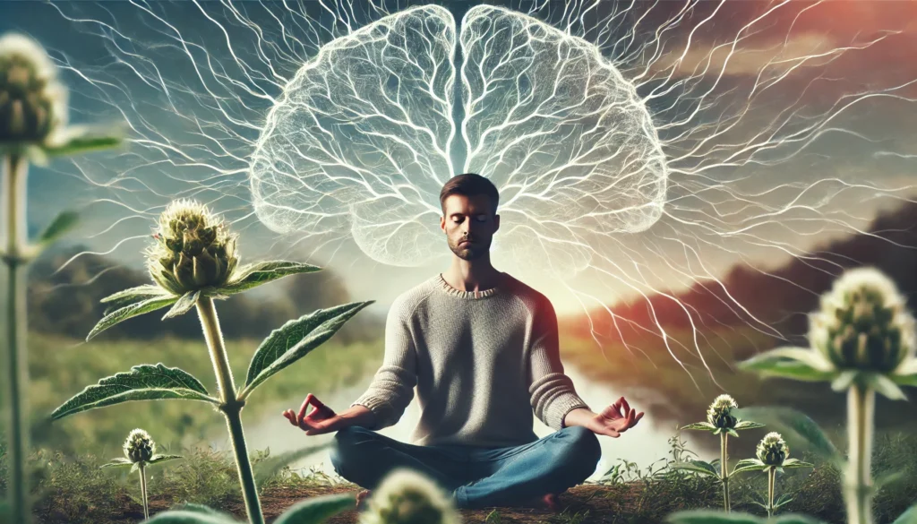 A tranquil person meditating outdoors, surrounded by nature. A subtle overlay of balanced, glowing neurons in the background symbolizes cognitive clarity. Ashwagandha plants in the foreground connect the scene to natural herbal support for focus and relaxation.