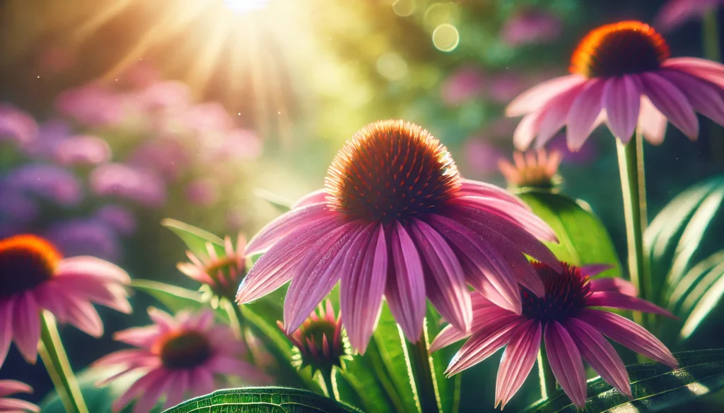 Close-up of fresh Echinacea flowers in a sunny garden, emphasizing the herb's role in boosting immune function and overall wellness.