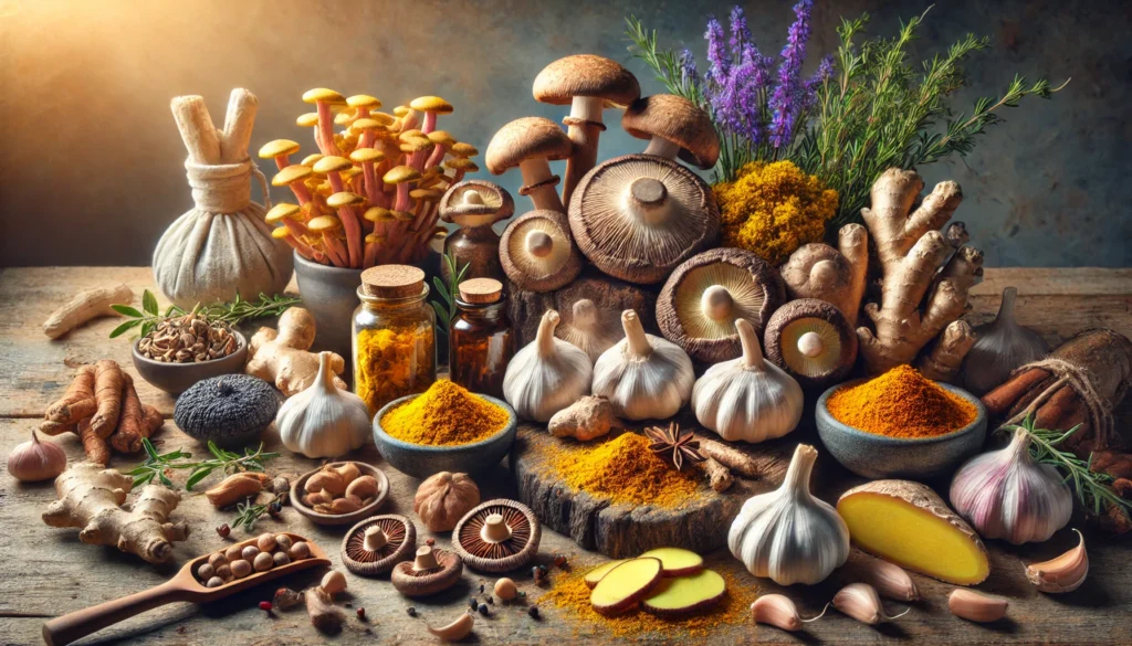 An assortment of immune-boosting herbs and foods such as garlic, ginger, turmeric, and mushrooms like shiitake and maitake, artistically arranged on a rustic kitchen countertop with soft, natural lighting enhancing their earthy textures.