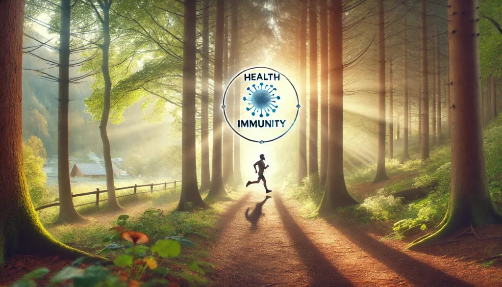 A serene landscape showing a person running through a forest trail, symbolizing the connection between exercise and immune health.