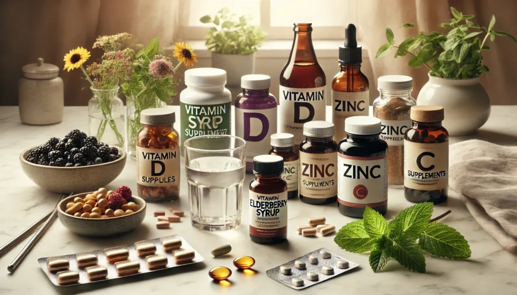 "An array of antiviral supplements displayed on a white marble countertop, featuring vitamin D capsules, elderberry syrup bottles, zinc supplements, and vitamin C tablets, with soft lighting and a glass of water."