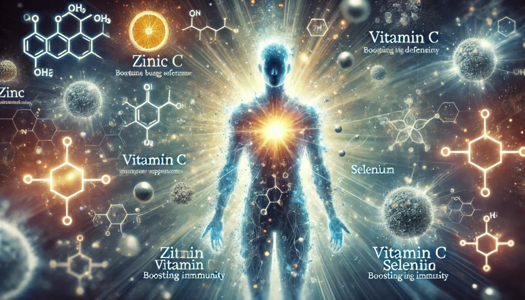 "Conceptual visual of an immune system's defense mechanism enhanced by chemical elements like Zinc, Vitamin C, and Selenium, featuring a glowing human silhouette with energy flowing through it."