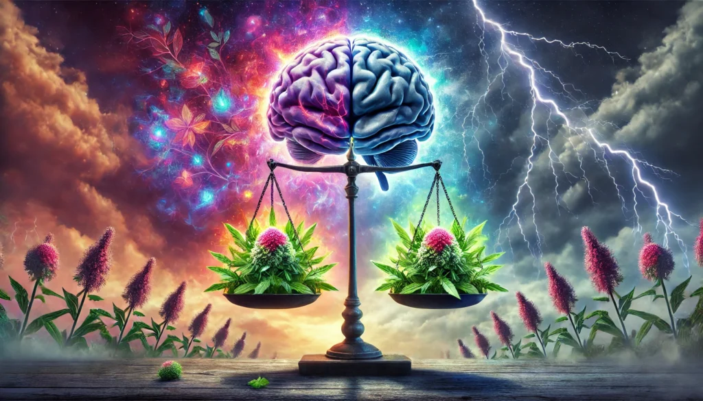 A balance scale depicting Ashwagandha’s effects on mental health. One side holds vibrant, glowing Ashwagandha plants, representing benefits, while the other side has a stormy brain with cracks and lightning bolts, symbolizing potential risks.