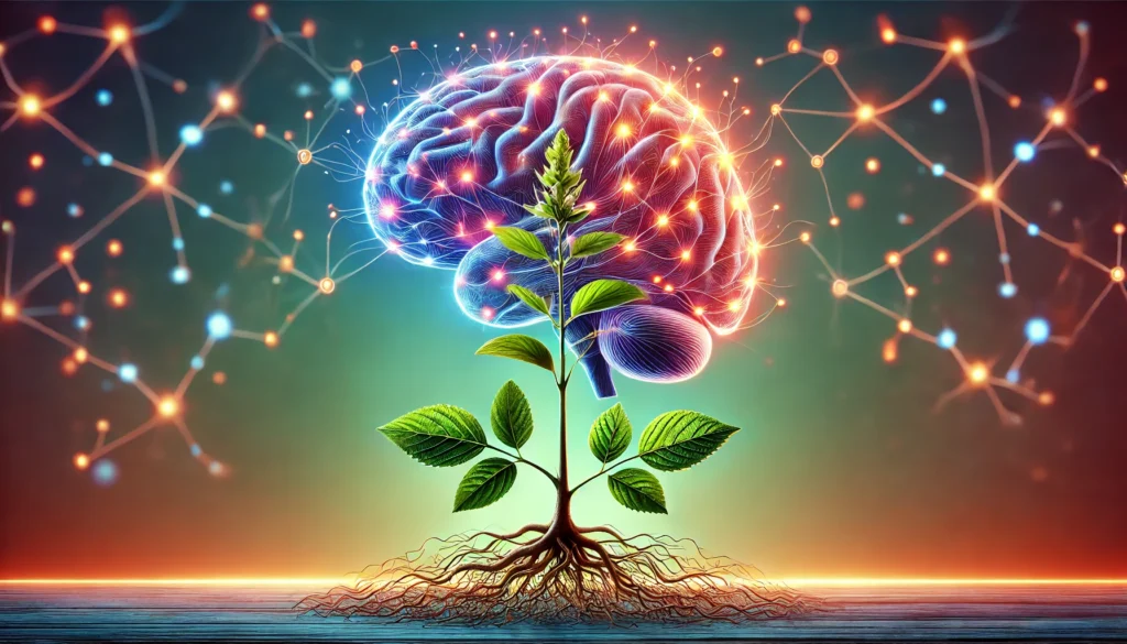 A conceptual visualization of Ashwagandha interacting with neurotransmitters in the brain. The image features glowing neural connections intertwining with Ashwagandha roots and leaves against a soft gradient background, symbolizing cognitive harmony and mental stability.