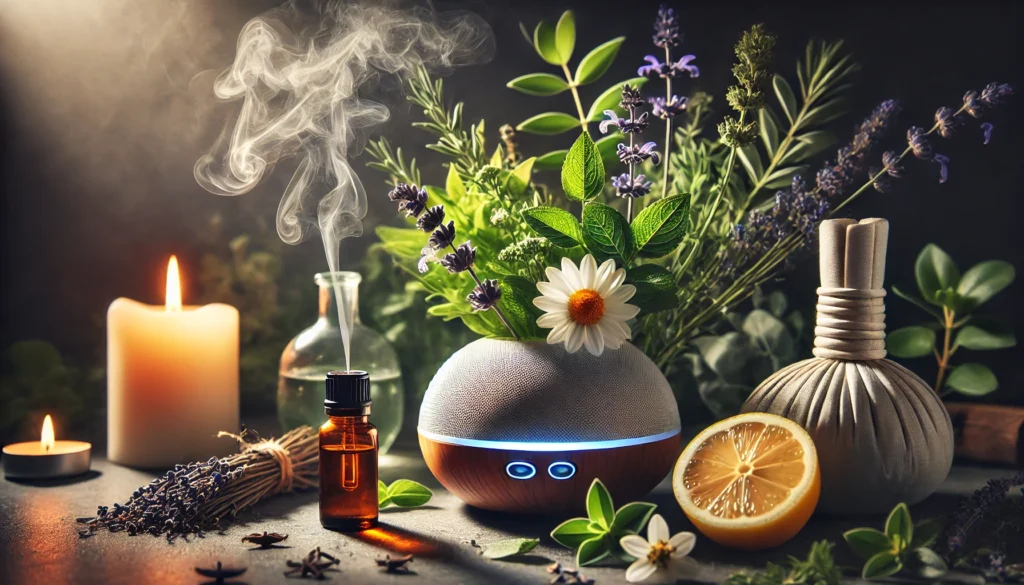 A tranquil spa setting featuring fresh herbal leaves such as ashwagandha, valerian, and lavender, with an essential oil diffuser emitting a soft, aromatic mist, creating a soothing ambiance.