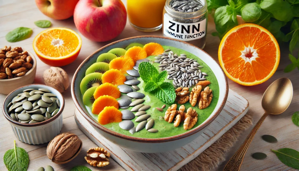 A vibrant smoothie bowl topped with zinc-rich ingredients such as pumpkin seeds, walnuts, and sunflower seeds, highlighting the role of nutrition in enhancing immunity.