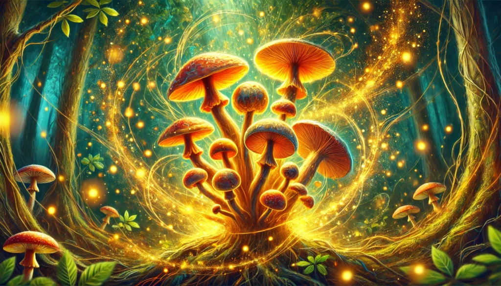 A vibrant scene of adaptogenic mushrooms infused with golden energy, radiating vitality and surrounded by dynamic, swirling energy, representing their energy-boosting benefits.