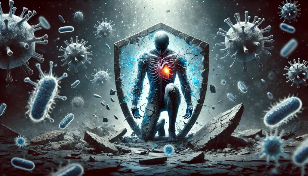 An artistic representation of a fragile shield protecting the body from viruses and bacteria, symbolizing vulnerability.