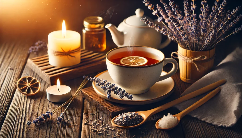 A cozy evening setting with a cup of chamomile tea, a softly glowing candle, and dried lavender flowers on a wooden table, symbolizing relaxation and stress relief.