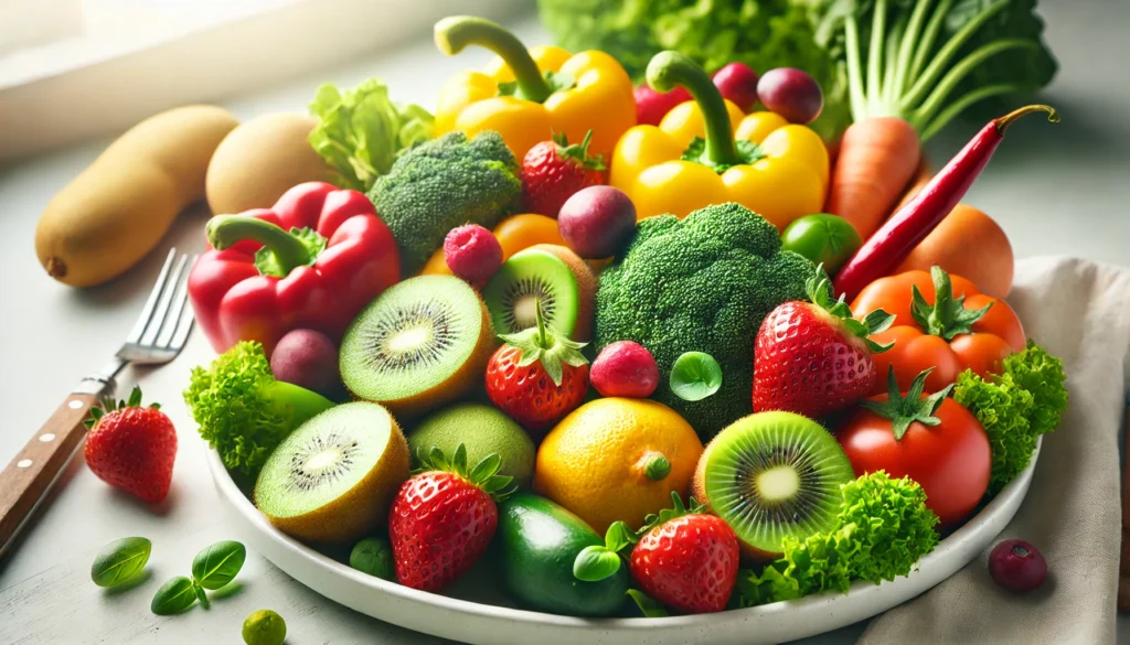 A close-up image of a healthy plate with fruits and vegetables like kiwi, strawberries, bell peppers, and broccoli, emphasizing a nutrient-rich diet that contributes to immune system health.