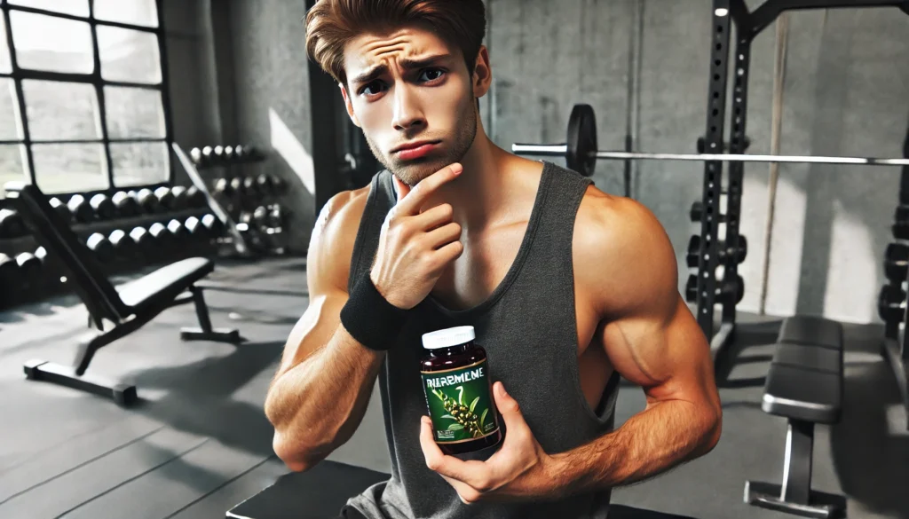 A young athlete in a gym, pausing mid-workout while holding a bottle of herbal supplements. Their expression conveys uncertainty, highlighting the decision-making process about using Ashwagandha for performance enhancement.