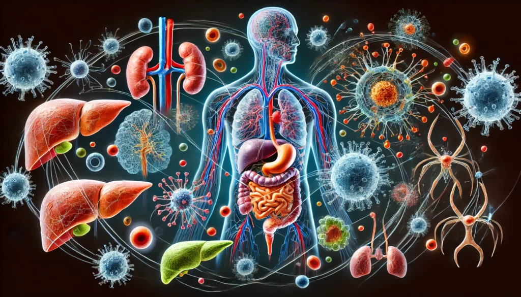 An artistic representation of immune system organs such as the spleen, bone marrow, lymph nodes, and thymus.